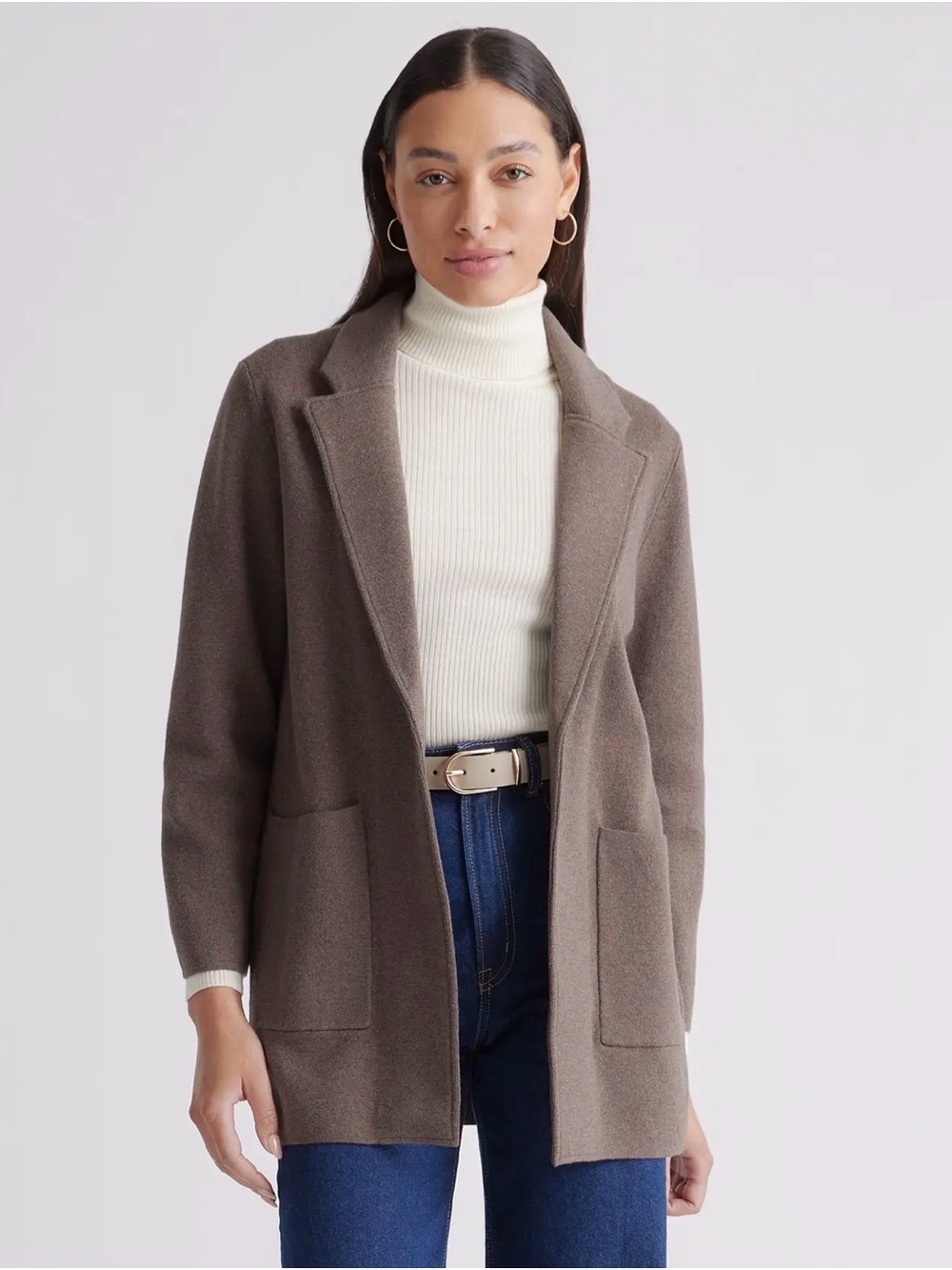 Quince Heather Brown Open-Front Knit Blazer Turtleneck Layer